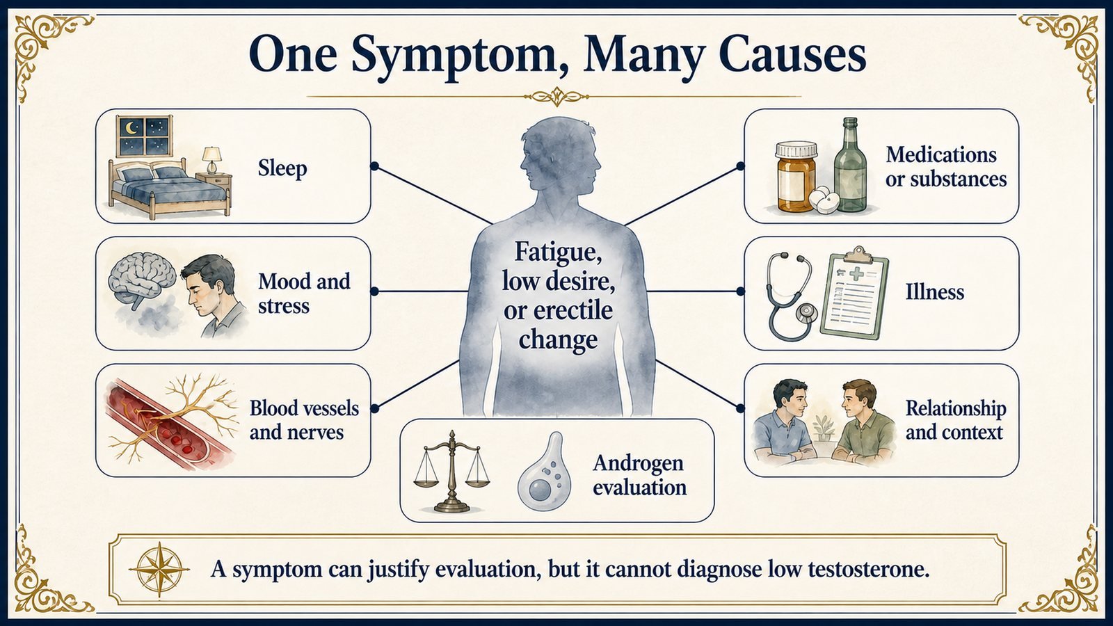 A single symptom connects to seven plausible domains, emphasizing differential diagnosis rather than one-hormone certainty.