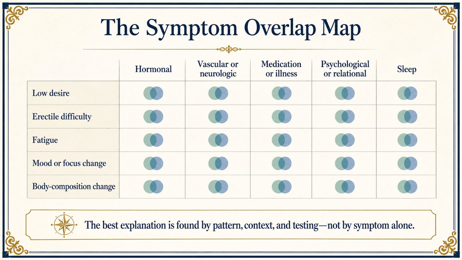 Five common symptoms overlap with sleep, vascular, medication/illness, psychological/relational, and hormonal causes.