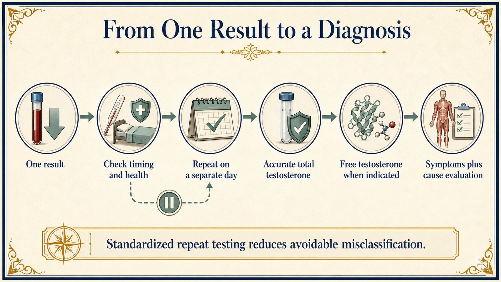 A stepwise pathway shows why one low value is checked for timing, illness, repeat confirmation, assay quality, and selective SHBG/free-testosterone interpretation.
