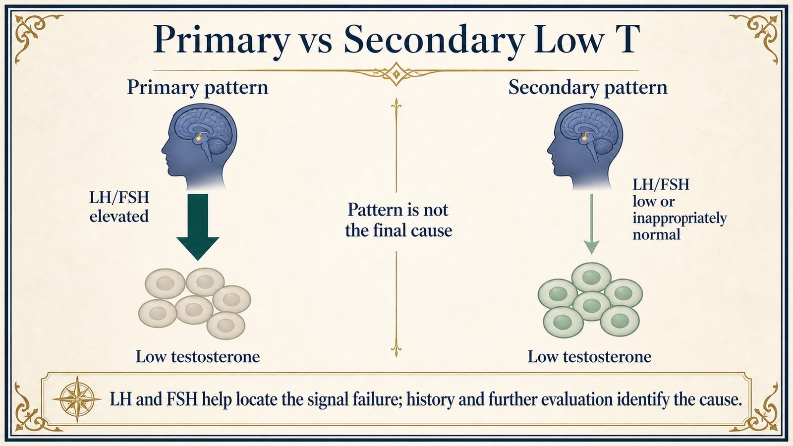 Side-by-side pathways contrast testicular failure with reduced central signaling and state that localization is not a final diagnosis.