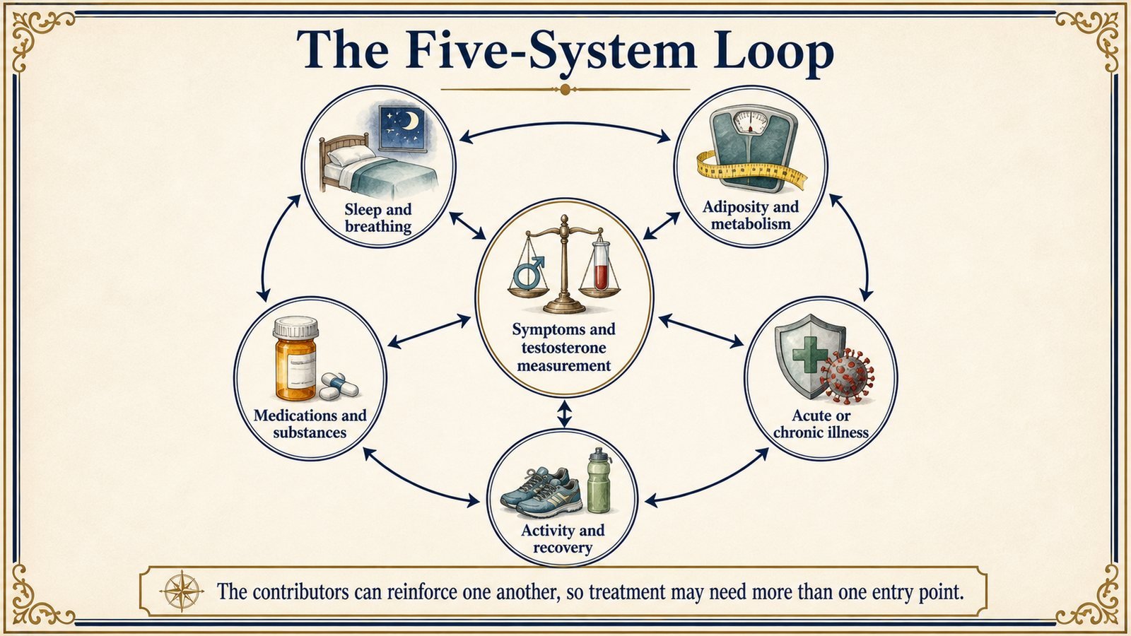 Sleep, metabolic health, illness, medications/substances, and activity form a bidirectional loop around symptoms and laboratory values.