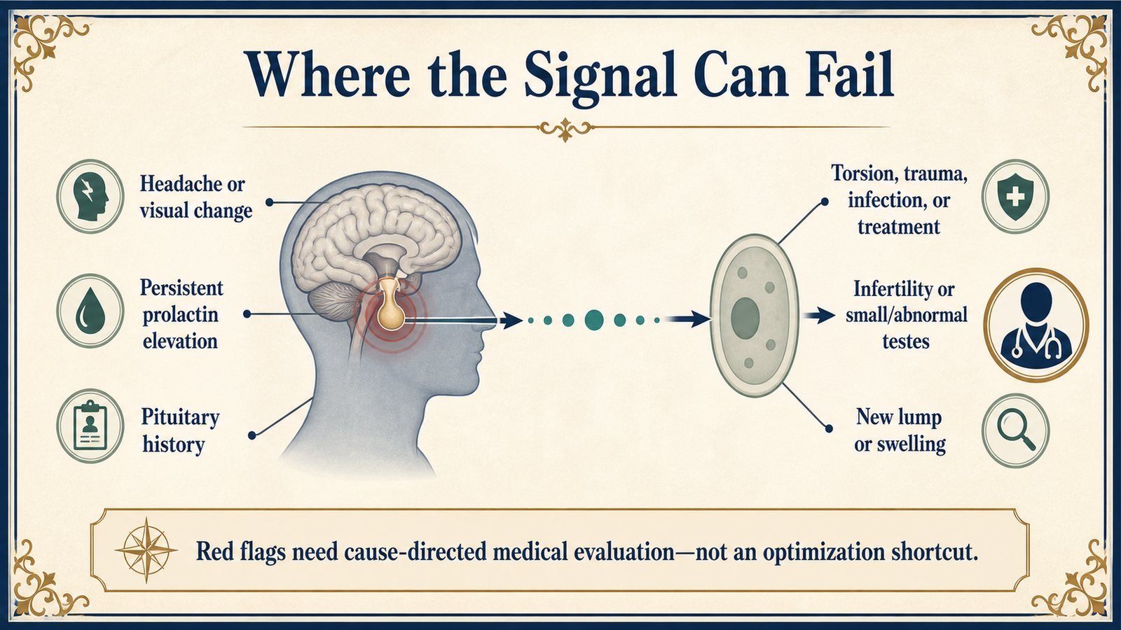 Pituitary and testicular red flags appear on the corresponding parts of the reproductive axis and lead to clinician evaluation.