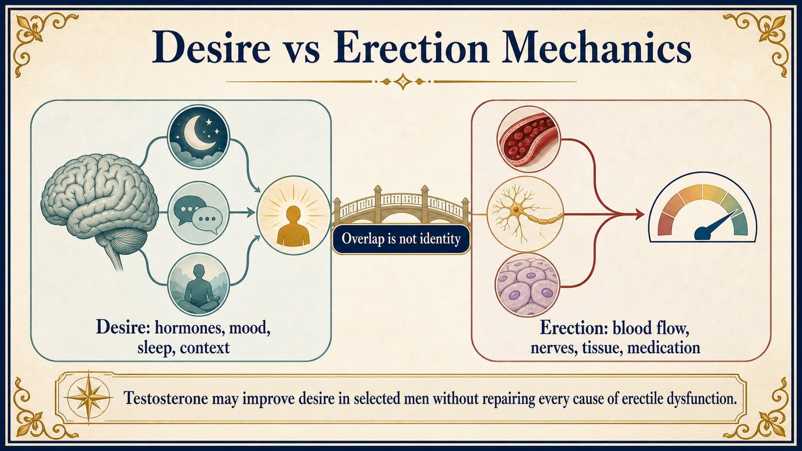 Separate but overlapping pathways distinguish sexual desire from the vascular, neurologic, tissue, and medication components of erection.
