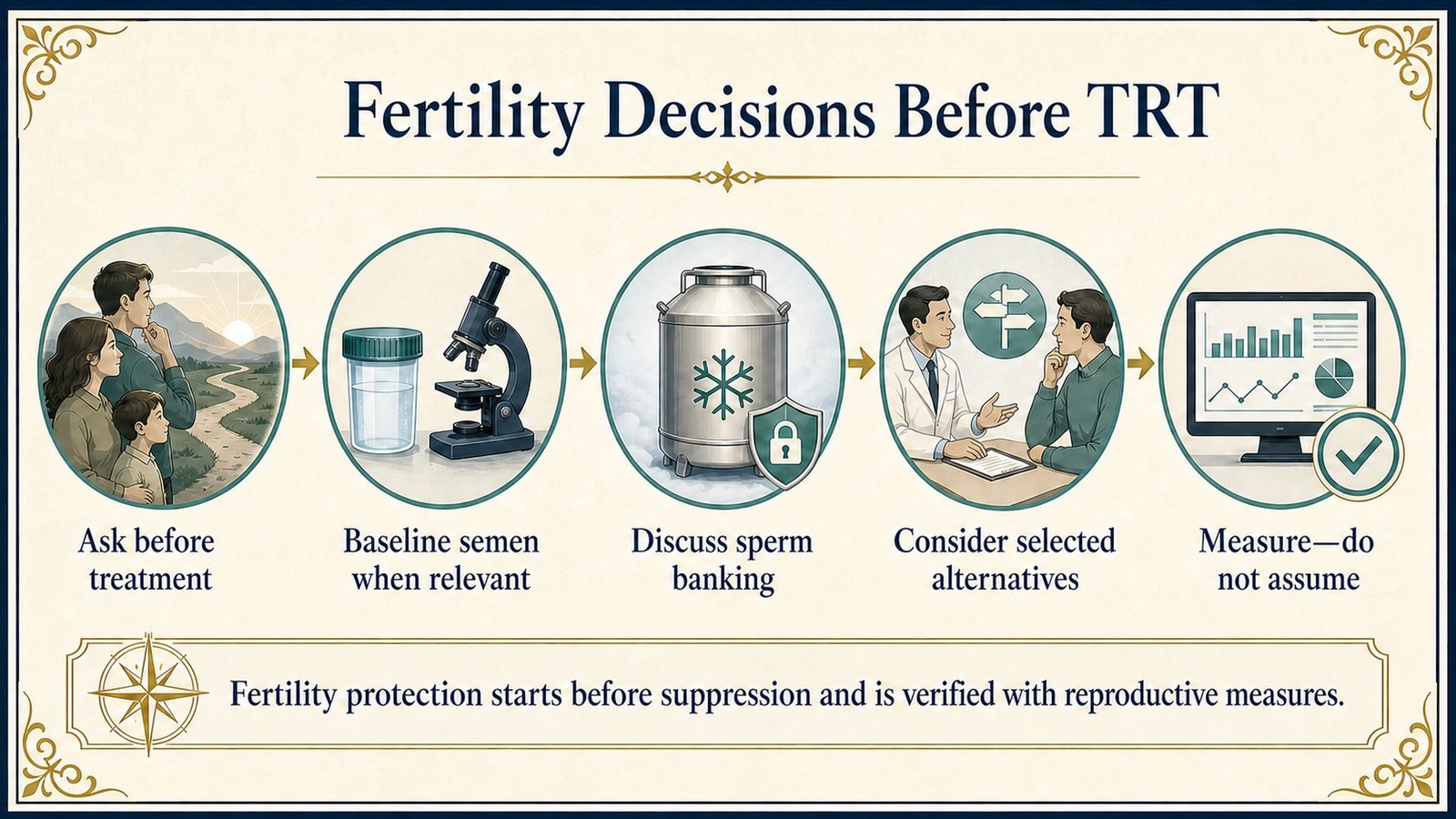 A pre-treatment fertility pathway links future parenthood goals to semen assessment, banking, alternatives, and measured follow-up.