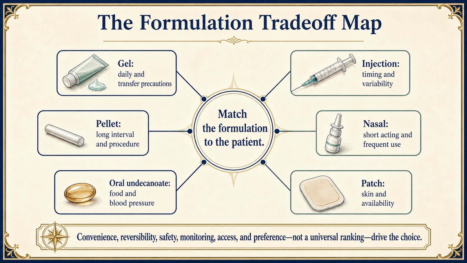 Six formulation routes surround a shared decision center, each with a short practical tradeoff rather than a ranking.
