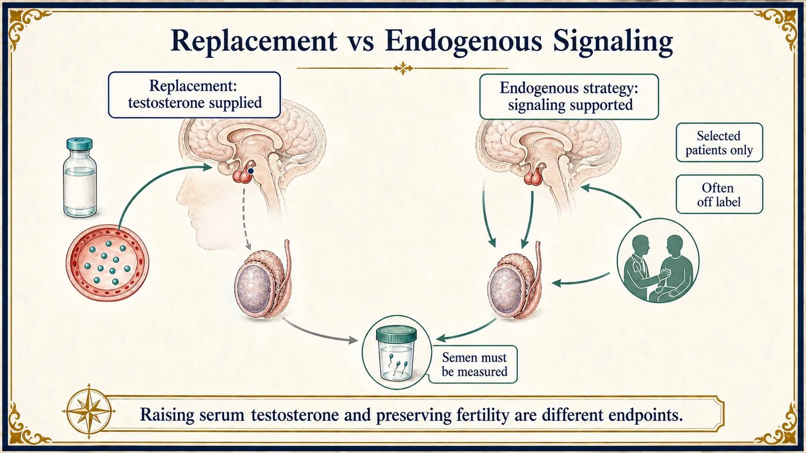 El reemplazo externo se contrasta con estrategias seleccionadas que apoyan la señalización propia del cuerpo, con la medición del semen como requisito para evaluar el impacto en la fertilidad.