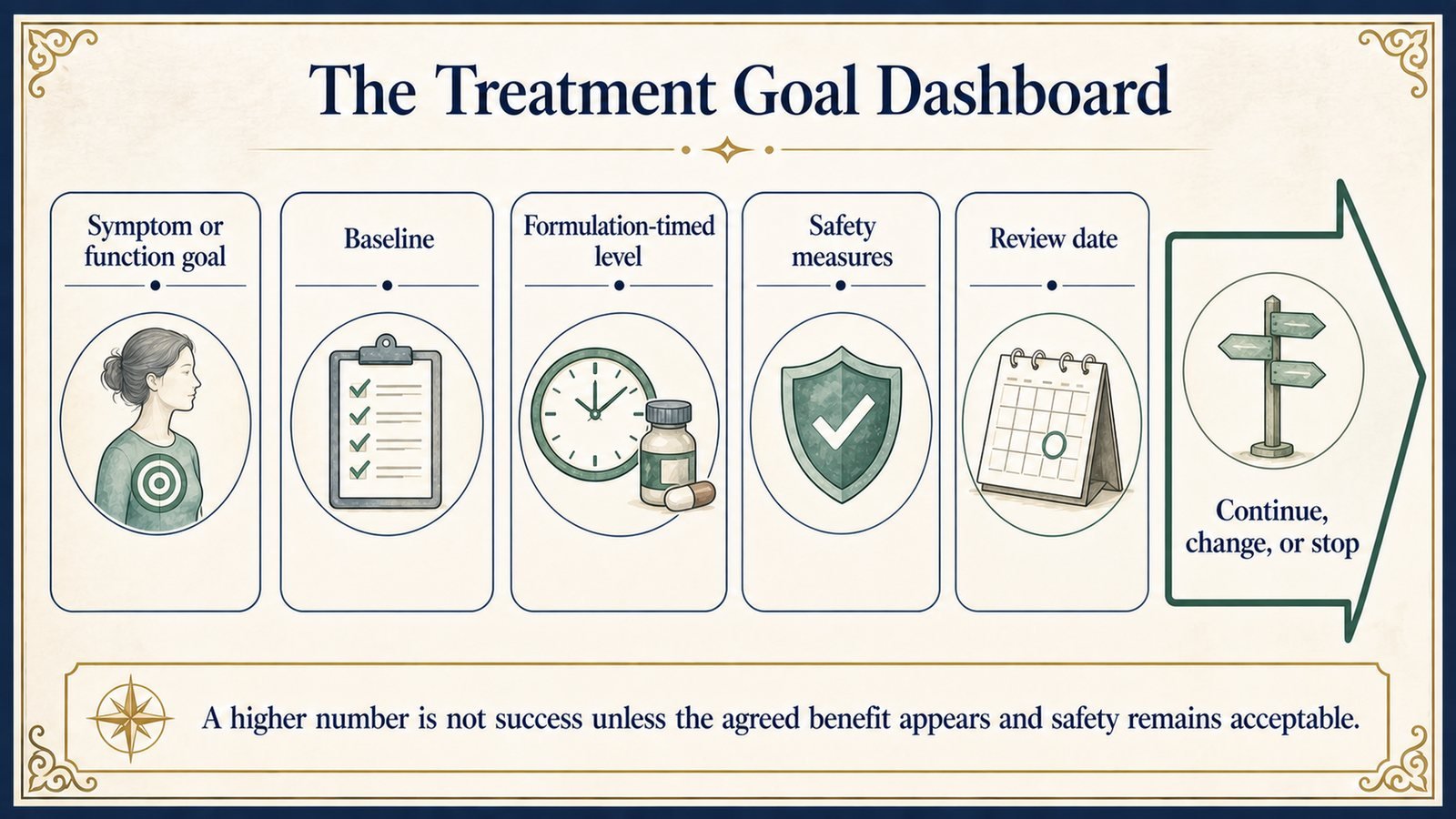 A non-scored dashboard connects an agreed clinical goal, baseline, correctly timed level, safety data, and review date to a treatment decision.