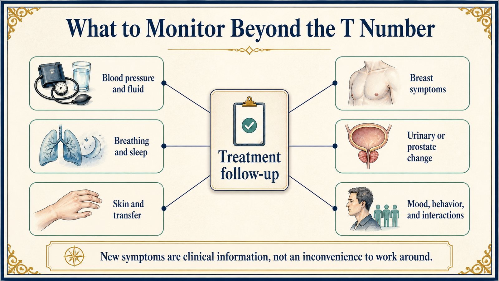 Six monitoring domains surround a treatment follow-up card, emphasizing whole-patient surveillance beyond serum testosterone.