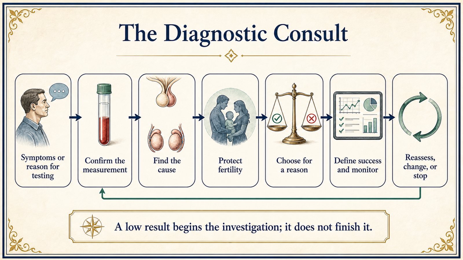 Seven linked decisions lead from a symptom or test result through confirmation, cause finding, fertility, treatment choice, monitoring, and reassessment.